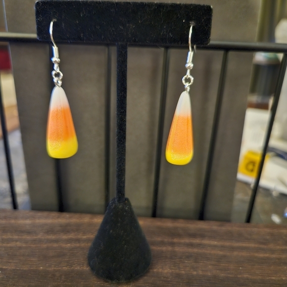 Candy Corn Inspired Drop Earrings - Acrylic Cute Simple - Picture 2 of 2